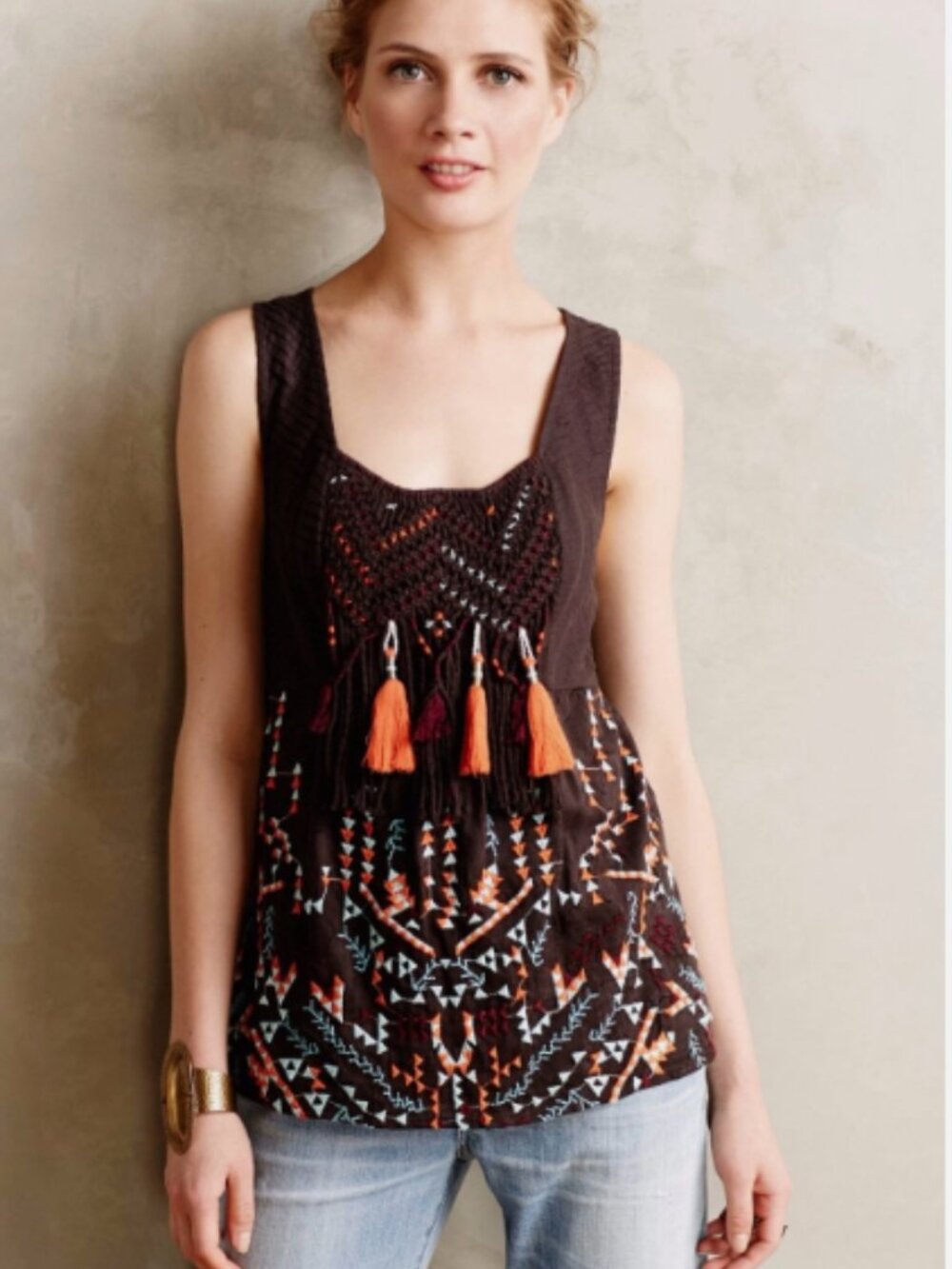 Anthropologie Akemi + Kin Embroidered Boho Tank Top Tassel Size S - Picture 2 of 9